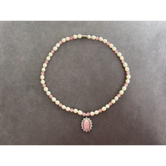 Pink & White Pearl Necklace With Rose Quartz Pendant & Rhinestones 18-Inch Lengt - Picture 1 of 6